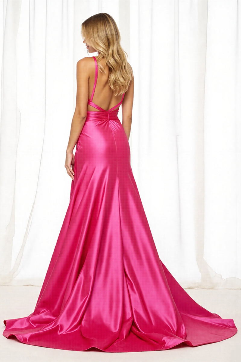 Load image into Gallery viewer, Fuchsia Satin A Line Long Prom Dress with Slit