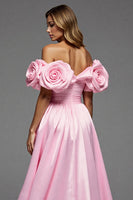 Load image into Gallery viewer, Pink Satin Floral A Line Long Prom Dress with Slit