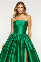 Load image into Gallery viewer, Dark Green A Line Strapless Long Satin Prom Dress with Slit