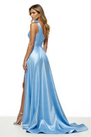 Load image into Gallery viewer, Blue Satin A Line One Shoulder Long Prom Dress with Slit