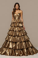 Load image into Gallery viewer, Golden Satin Ball Gown Long Prom Dress with Ruffles