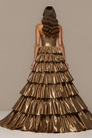Load image into Gallery viewer, Golden Satin Ball Gown Long Prom Dress with Ruffles