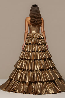 Golden Satin Ball Gown Long Prom Dress with Ruffles