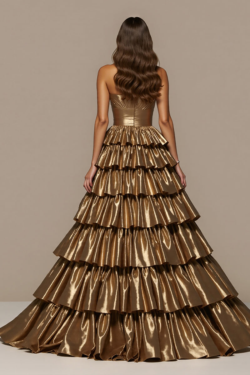Load image into Gallery viewer, Golden Satin Ball Gown Long Prom Dress with Ruffles