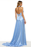 Load image into Gallery viewer, Sparkly Blue A Line Halter Long Satin Prom Dress with Slit
