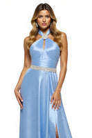 Load image into Gallery viewer, Sparkly Blue A Line Halter Long Satin Prom Dress with Slit