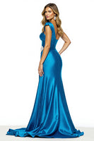 Load image into Gallery viewer, Blue A Line Satin Long Prom Dress with Slit