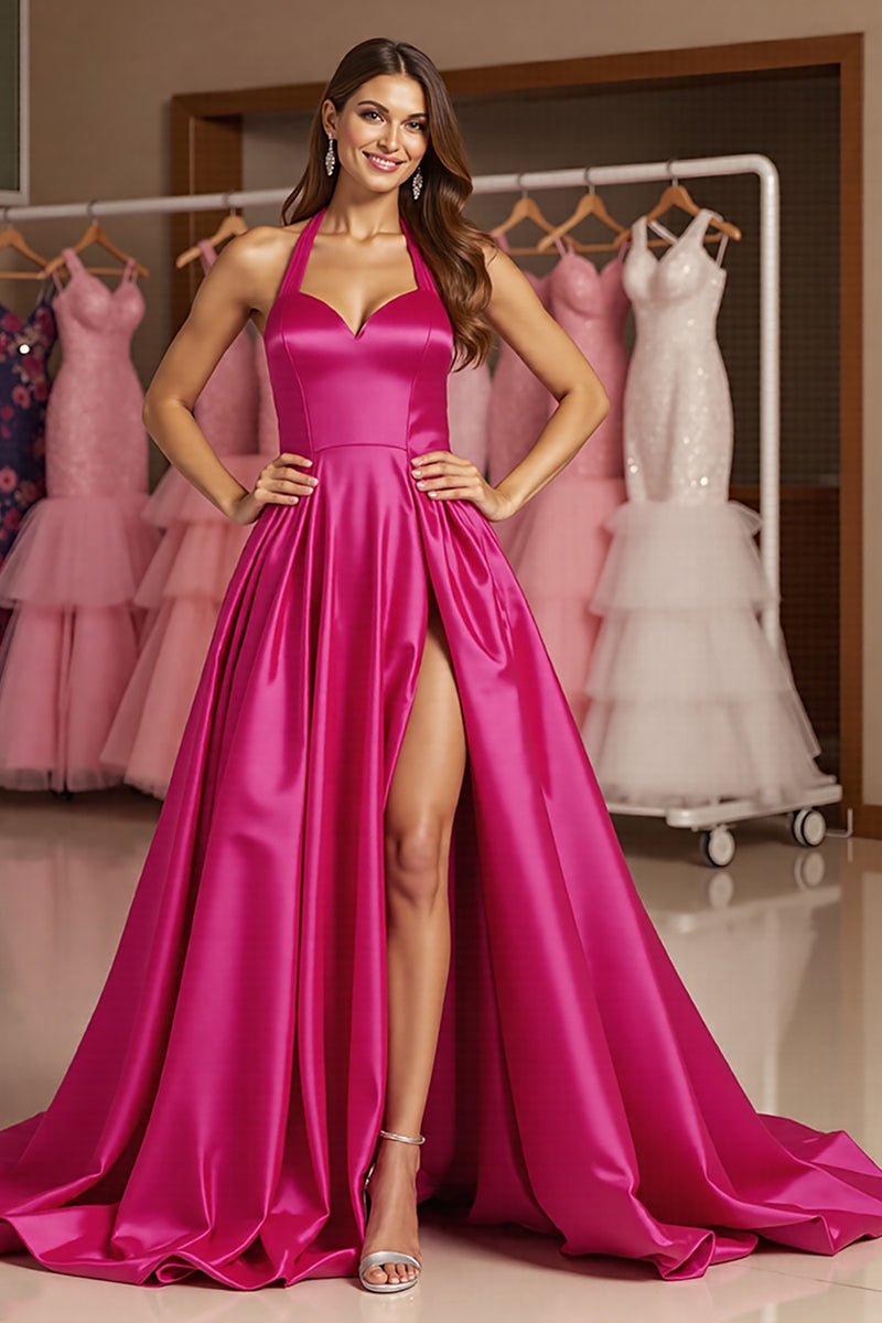 Load image into Gallery viewer, Fuchsia A Line Halter Long Satin Prom Dress with Slit