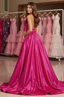 Load image into Gallery viewer, Fuchsia A Line Halter Long Satin Prom Dress with Slit