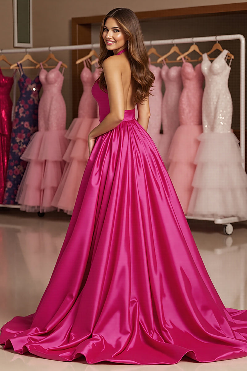 Load image into Gallery viewer, Fuchsia A Line Halter Long Satin Prom Dress with Slit