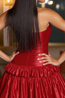 Load image into Gallery viewer, Red A Line Strapless Short Satin Homecoming Dress with Ruffles