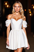 Load image into Gallery viewer, White A Line Off the Shoulder Short Satin Homecoming Dress with Ruffles