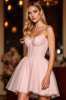 Load image into Gallery viewer, Sparkly Blush Tulle Corset Short Homecoming Dress with Sequins
