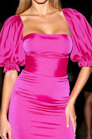 Load image into Gallery viewer, Fuchsia Bodycon Short Satin Homecoming Dress with Puff Sleeves