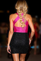Load image into Gallery viewer, Sparkly Black Fuchsia Bodycon Keyhole Short Halter Homecoming Dress