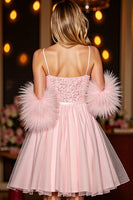 Load image into Gallery viewer, Sparkly Blush Sequin Short Corset Homecoming Dress with Feathers