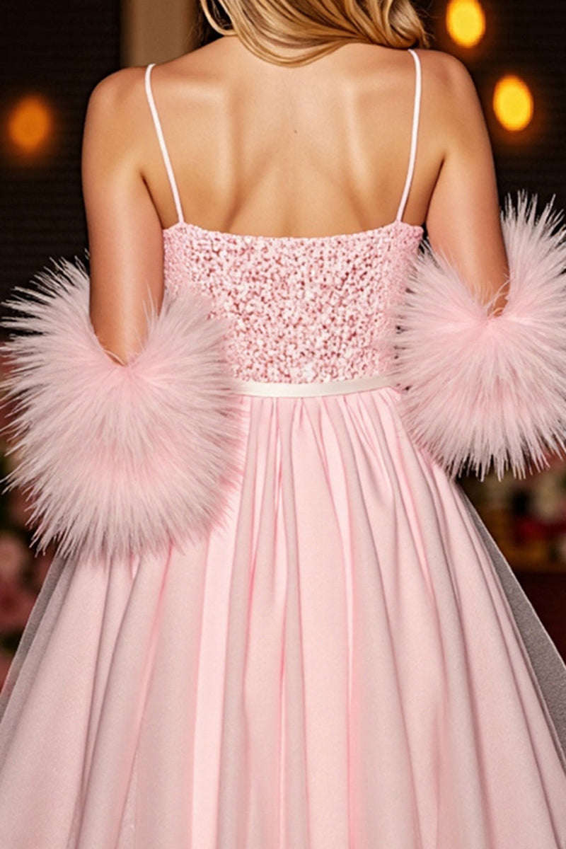 Load image into Gallery viewer, Sparkly Blush Sequin Short Corset Homecoming Dress with Feathers