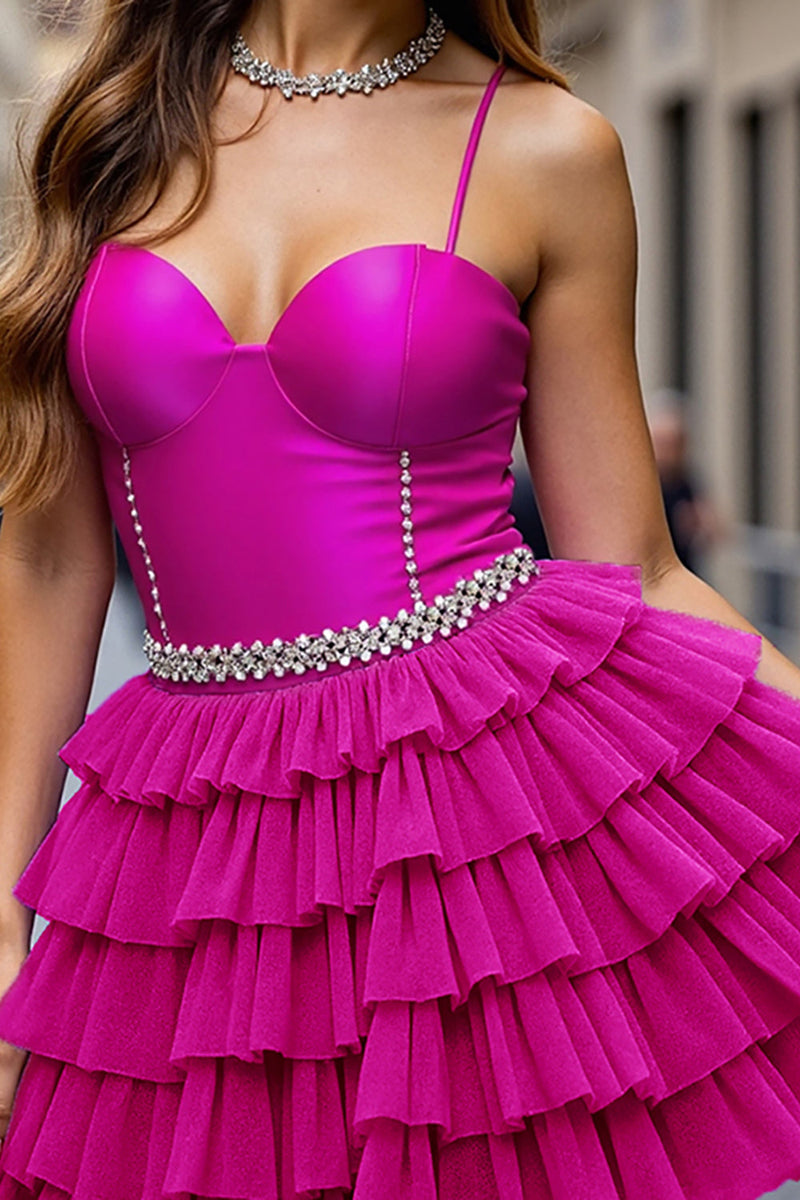 Load image into Gallery viewer, Fuchsia A Line Spaghetti Straps Short Homecoming Dress with Ruffles
