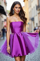 Load image into Gallery viewer, Dark Purple Satin Strapless Short Homecoming Dress with Beading