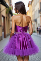 Load image into Gallery viewer, Dark Purple Satin Strapless Short Homecoming Dress with Beading