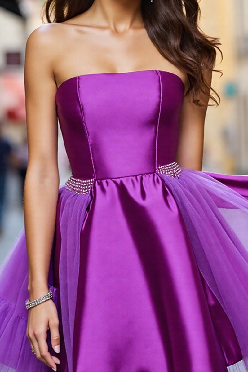 Load image into Gallery viewer, Dark Purple Satin Strapless Short Homecoming Dress with Beading