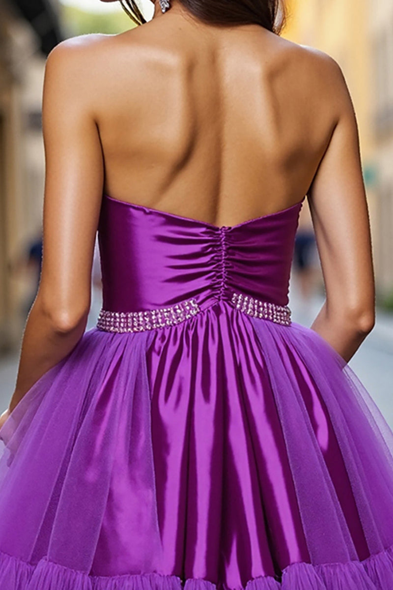 Load image into Gallery viewer, Dark Purple Satin Strapless Short Homecoming Dress with Beading