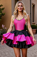 Load image into Gallery viewer, Black and Fuchsia Satin A Line Short Homecoming Dress with Ruffles