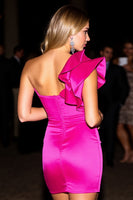 Load image into Gallery viewer, Fuchsia Bodycon Satin One Shoulder Short Homecoming Dress with Ruffles