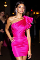 Load image into Gallery viewer, Fuchsia Bodycon Satin One Shoulder Short Homecoming Dress with Ruffles