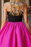 Load image into Gallery viewer, Black and Fuchsia Satin A Line Strapless Short Homecoming Dress