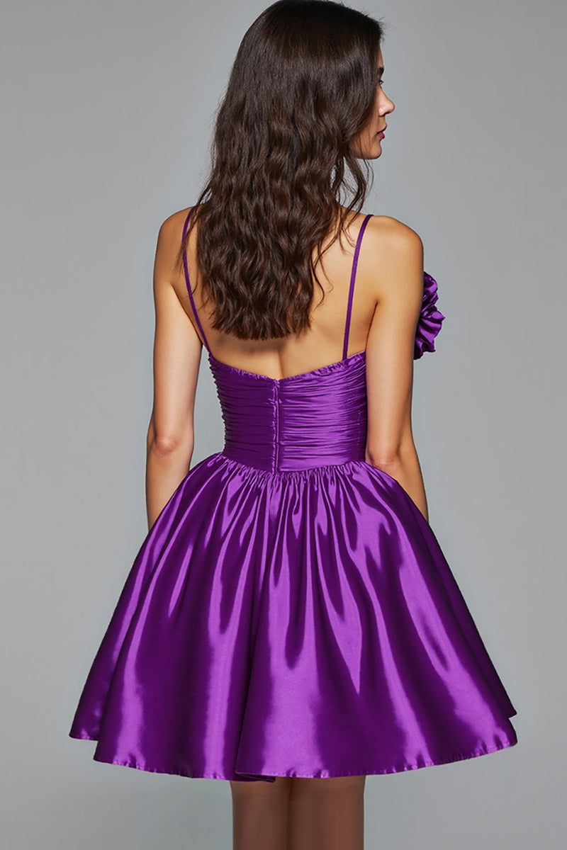 Load image into Gallery viewer, Floral Dark Purple A Line Satin Short Homecoming Dress