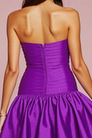 Load image into Gallery viewer, Dark Purple Satin Short Strapless Homecoming Dress with Rulffes