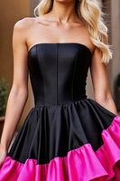 Load image into Gallery viewer, Black and Fuchsia Satin Strapless Short Corset Homecoming Dress