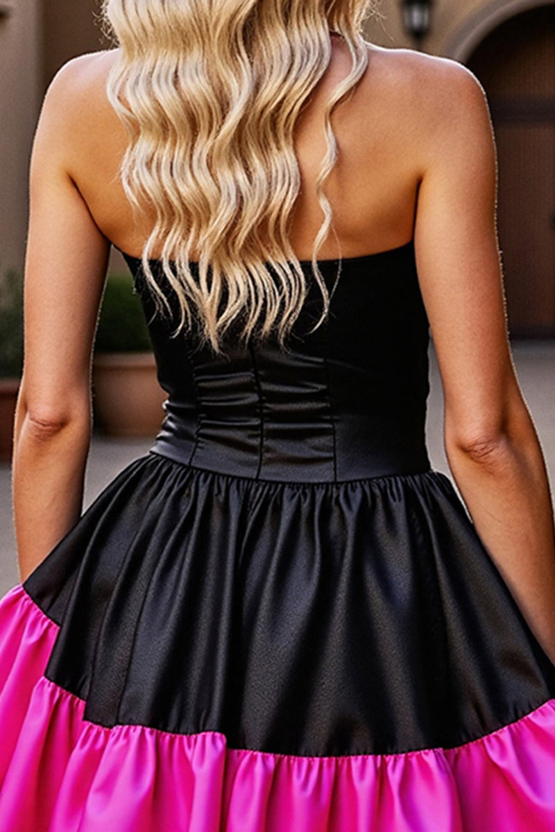 Load image into Gallery viewer, Black and Fuchsia Satin Strapless Short Corset Homecoming Dress