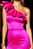 Load image into Gallery viewer, Fuchsia One Shoulder Tight Short Satin Homecoming Dress with Ruffles