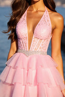 Load image into Gallery viewer, Sparkly Pink Tulle Corset Short Ruffled Homecoming Dress