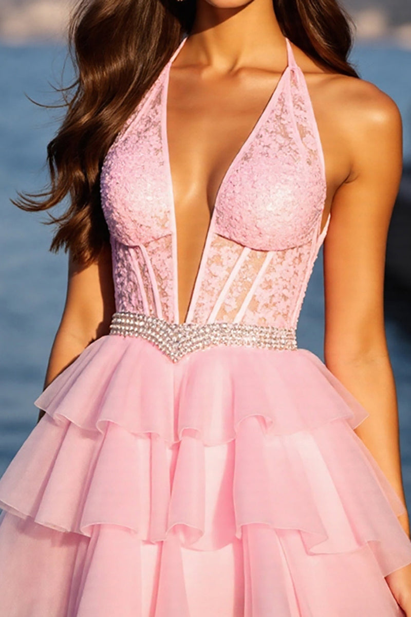 Load image into Gallery viewer, Sparkly Pink Tulle Corset Short Ruffled Homecoming Dress