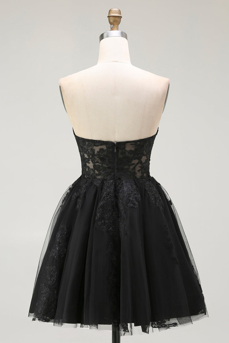 Load image into Gallery viewer, Black Lace A Line Sweetheart Short Corset Homecoming Dress