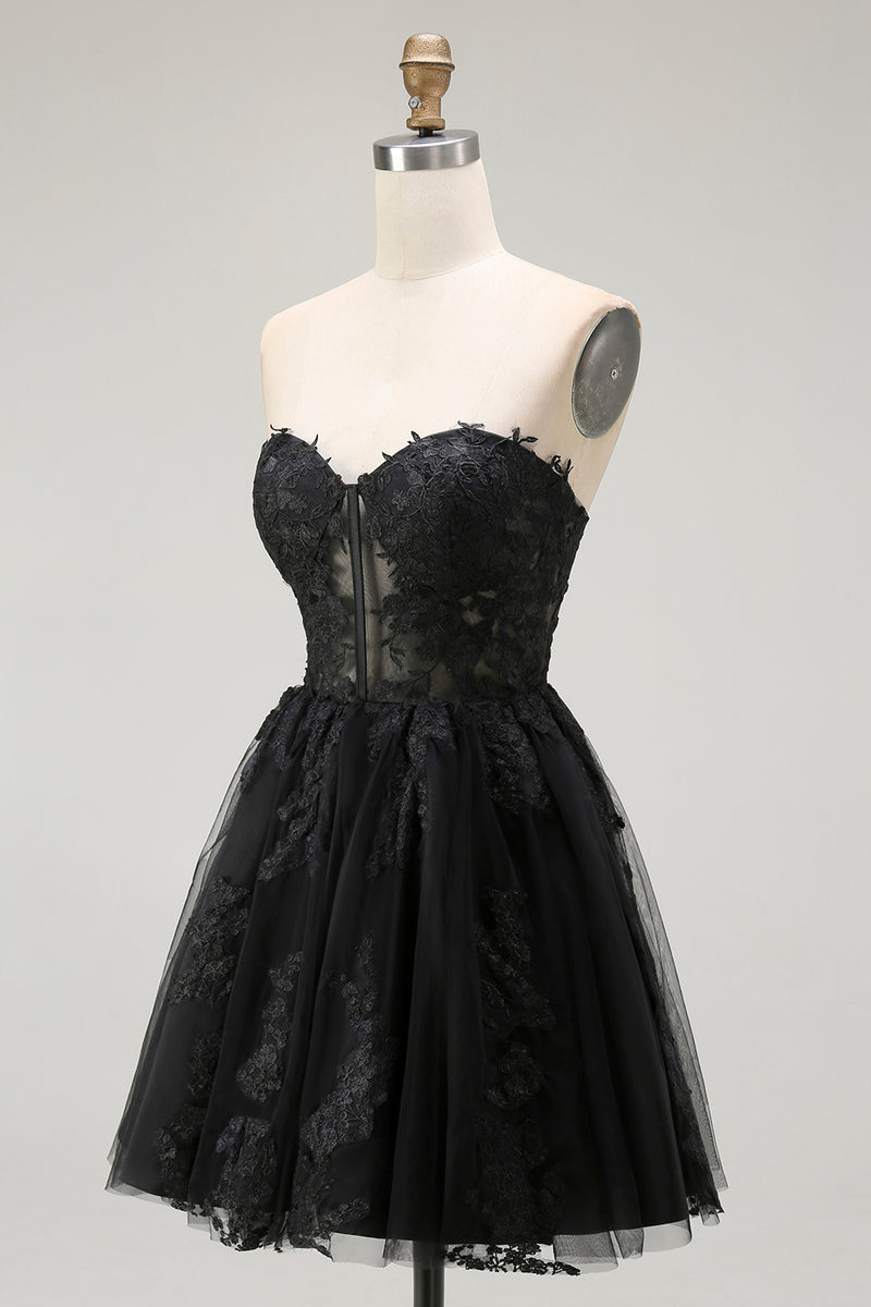 Load image into Gallery viewer, Black Lace A Line Sweetheart Short Corset Homecoming Dress