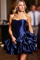 Load image into Gallery viewer, Navy Sweetheart Short Satin Homecoming Dress with Ruffles