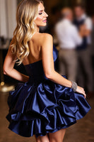 Load image into Gallery viewer, Navy Sweetheart Short Satin Homecoming Dress with Ruffles