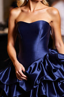Load image into Gallery viewer, Navy Sweetheart Short Satin Homecoming Dress with Ruffles
