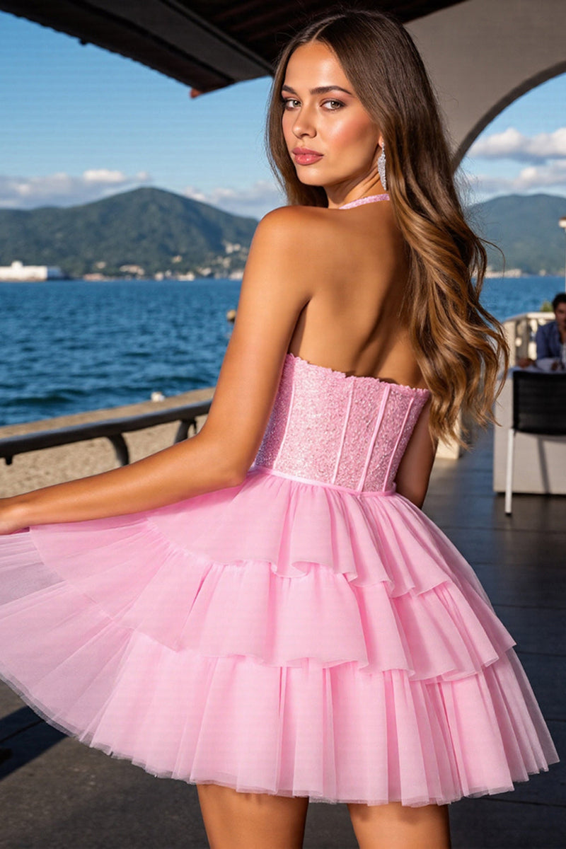Load image into Gallery viewer, Pink Tulle Corset Short Tiered Homecoming Dress with Ruffles
