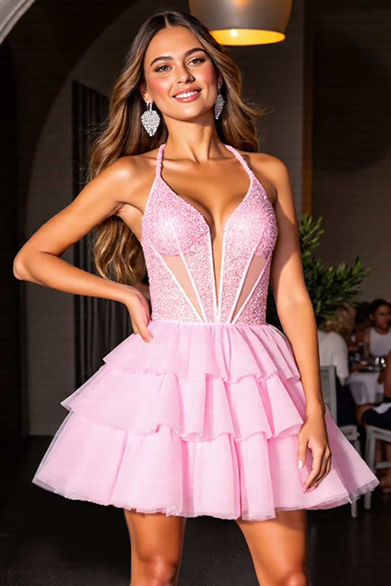 Load image into Gallery viewer, Pink Tulle Corset Short Tiered Homecoming Dress with Ruffles