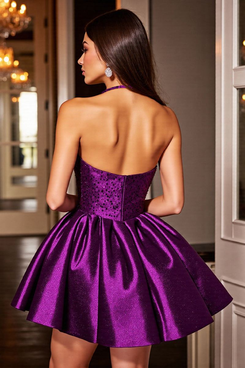 Load image into Gallery viewer, Sparkly Dark Purple Sequins A Line Short Halter Homecoming Dress