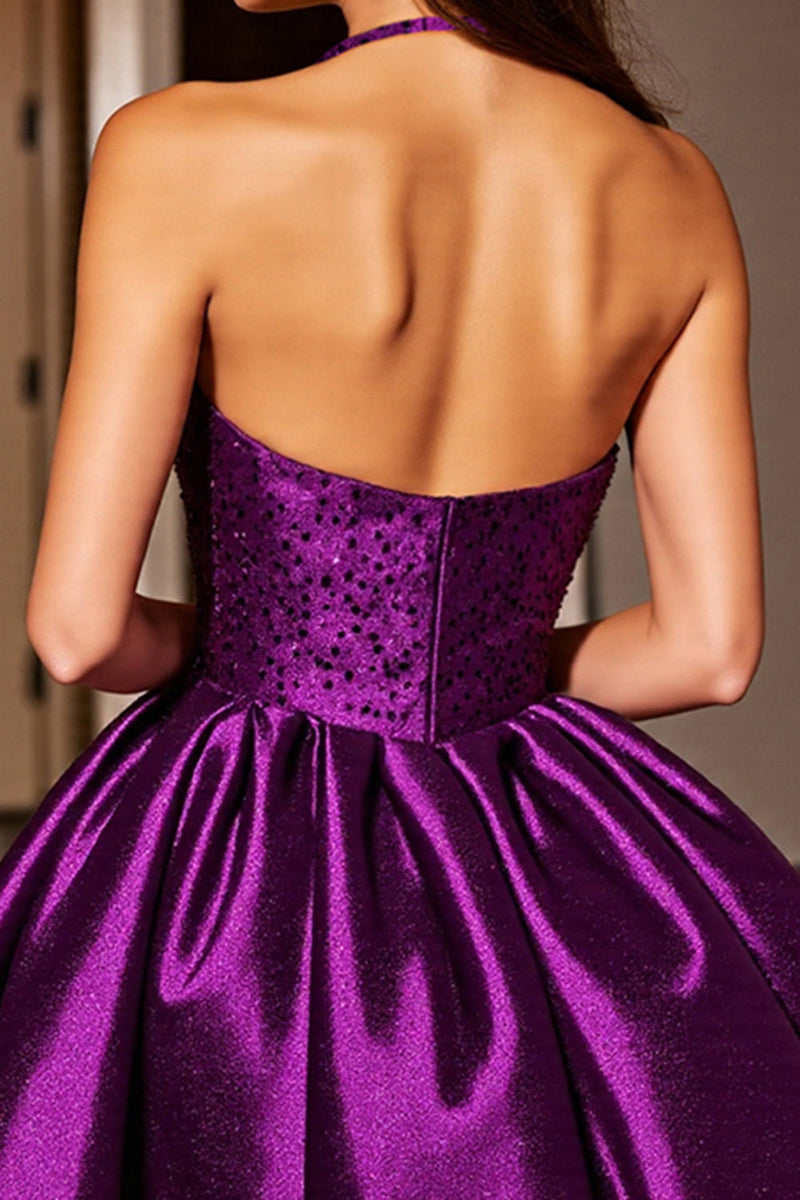 Load image into Gallery viewer, Sparkly Dark Purple Sequins A Line Short Halter Homecoming Dress