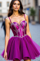 Load image into Gallery viewer, Sparkly Dark Purple Tulle Short Corset Homecoming Dress with Beading