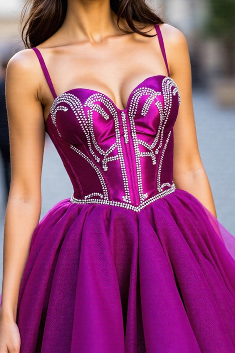 Load image into Gallery viewer, Sparkly Dark Purple Tulle Short Corset Homecoming Dress with Beading