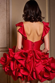 Sparkly Red Corset Satin Short Beaded Homecoming Dress with Ruffles