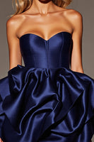 Load image into Gallery viewer, Navy Corset Satin A Line Short Homecoming Dress with Ruffles